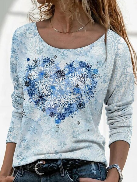 Snow Love Casual Loosen Shirts & Tops, Blue, Long sleeve tops