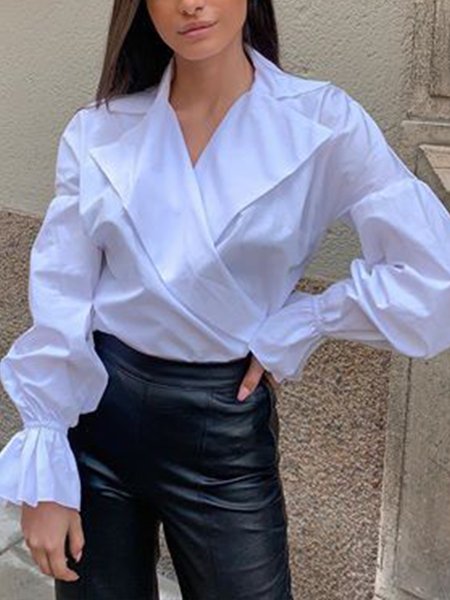 Casual Simple Elegant Regular Fit Flat Collar Top, White, Blouses and Shirts