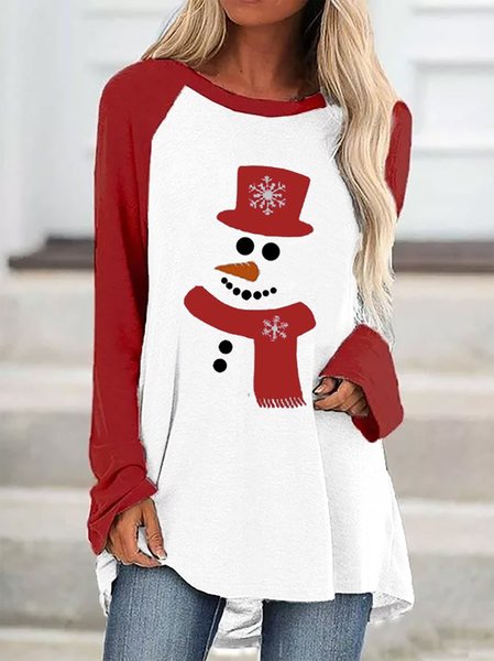 Christmas Snowman Print Vacation Round Neck Mid-length T-shirt & Tops, Red, Long sleeve tops
Christmas Snowman Print Vacation Round Neck Mid-length T-shirt & Tops, Red, Long sleeve tops