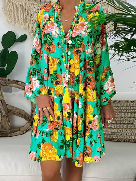 Beach Holiday V Neck Loosen Floral Long Sleeve Mini Dresses, Green, Mini Dresses