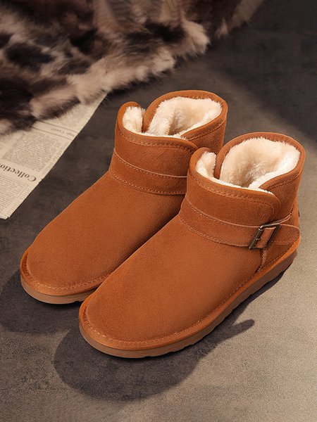 Simple Leather Buckle Warm Snow Snow Boots, Brown, Boots