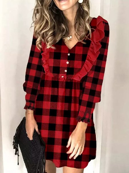 Checked/Plaid V Neck Casual Dresses, Red, Casual Dresses
