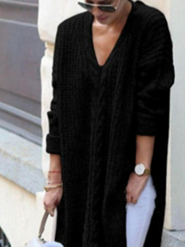 V neck Slit Casual Yarn/Wool Yarn Loosen Sweater, Black, Cardigans