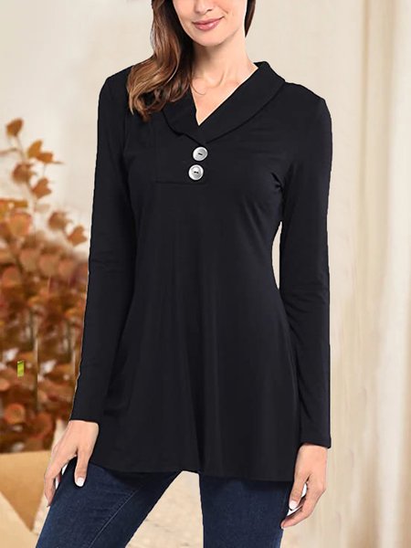Solid Lapel Casual Cotton Blends Shirts & Tops, Black, Tops