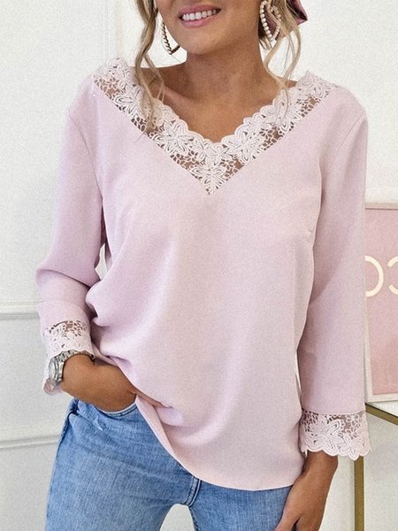 Elegant Regular Fit Lace V Neck Shirts & Tops, Pink, Tops