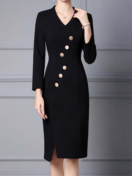 V neck Regular fit Elegant Dress, Black, Midi Dresses 
V neck Regular fit Elegant Dress, Black, Midi Dresses