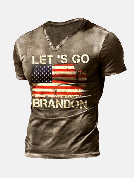 American Flag Slogan Street Short Sleeve Crew Neck Shirts & Tops, Brown, Men's t-shirts