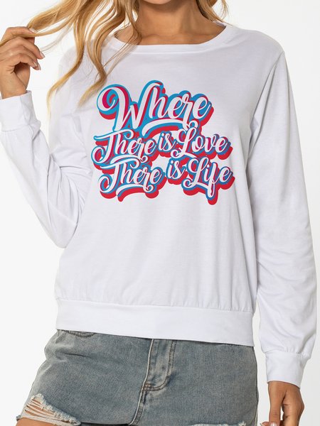 Unocis Letter Print Crew Neck Long Sleeve Sweatshirt, White, Sweatshirts