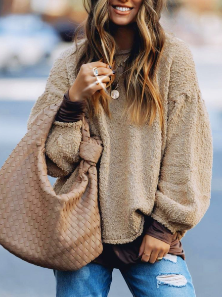 Plus Velvet Casual Plain Loosen Tops, Khaki, Tops