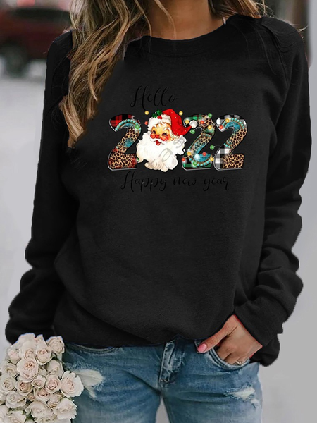 2022 Letter Print Loosen Crew Neck Long Sleeve Tops, Black, Tops