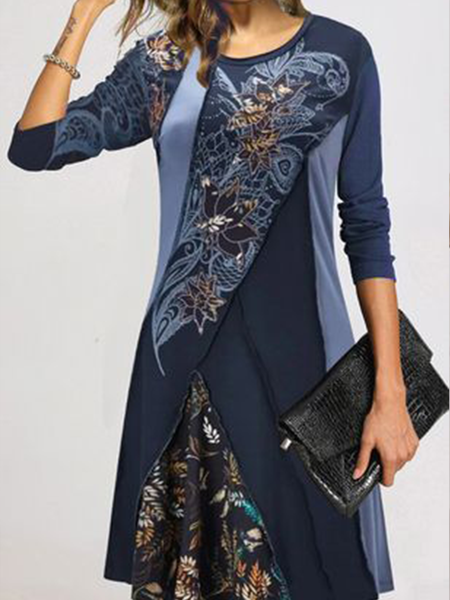 Long sleeve round neck geometric elastic a-hem medium length dress, Blue, Midi Dresses
Long sleeve round neck geometric elastic a-hem medium length dress, Blue, Midi Dresses