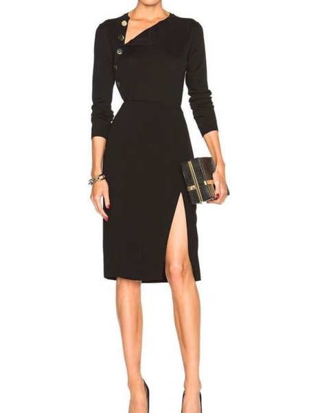 Spring Elegant Crew Neck High Stretch Formal Date Dresses, Black, Midi Dresses