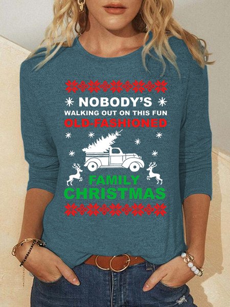 Christmas print round neck long-sleeved shirt, Green, Hoodies&Sweatshirts