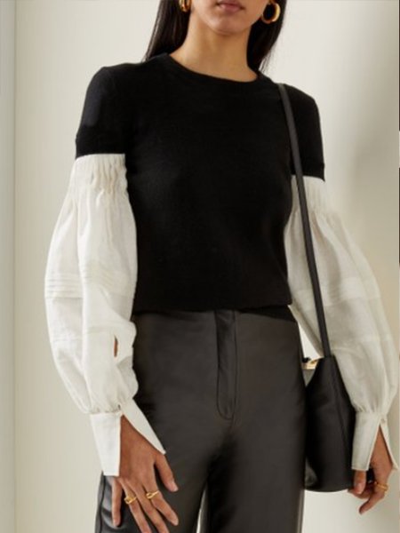 Crew Neck Slim Fit Elegant Color Block Top, As picture, Tops