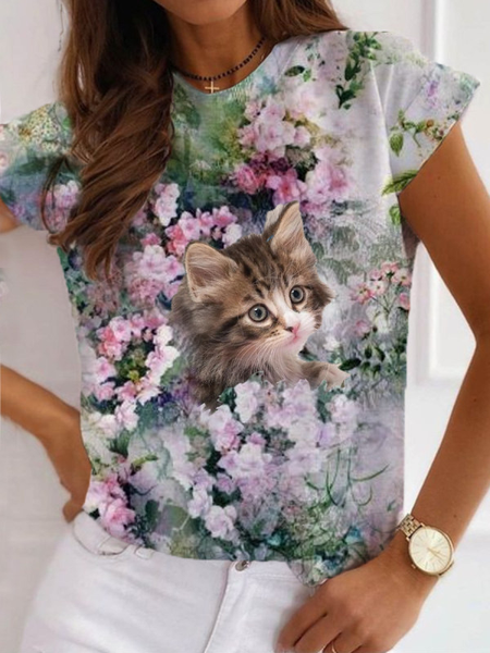 CAT Floral Short sleeve Shirts & Tops, As picture, T-Shirts