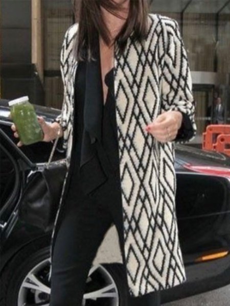 Crew Neck Geometric Long Sleeve Outerwear, As picture, Jackets