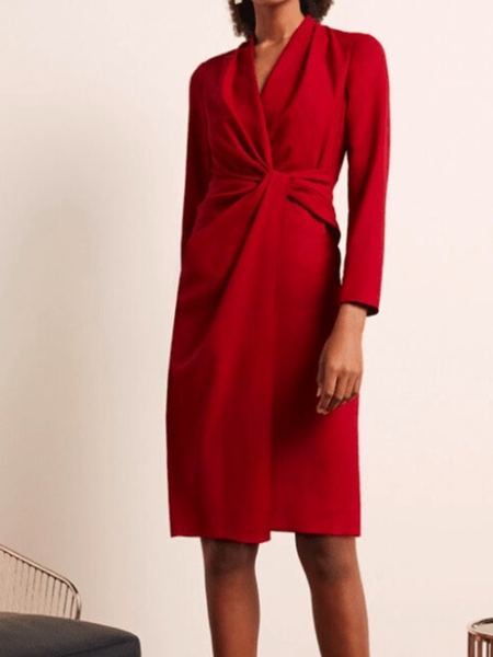 Winter A-line V Neck Regular Fit Plain Work Formal Evening Date Party Dresses, Datered, Midi Dresses