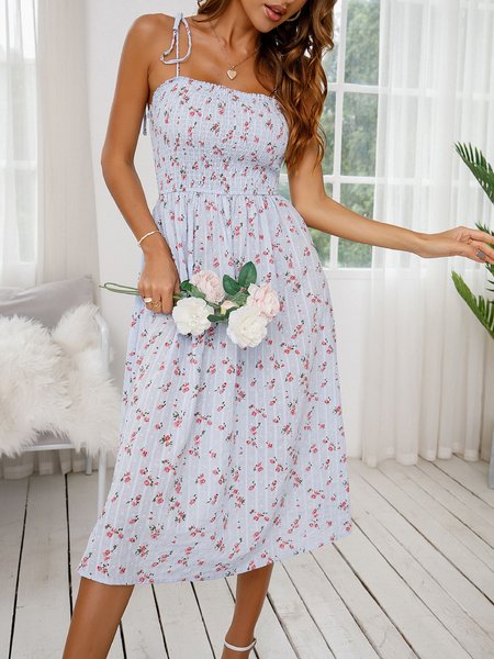 Vacation Spaghetti Regular Fit Dresses, Blue, Floral Dresses