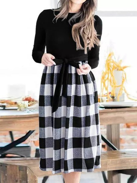 Crew Neck Grid Lace-Up Elegant Grid A-line Dresses, Black, Casual Dresses