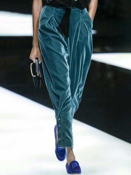 Work Date Holiday Daily Casual Plain Velvet Pants, Blue, Straight Leg Pants
