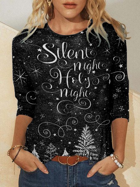 Silent Night Holy Nigh Crew Neck Casual Shirts & Tops, Black, Long sleeves