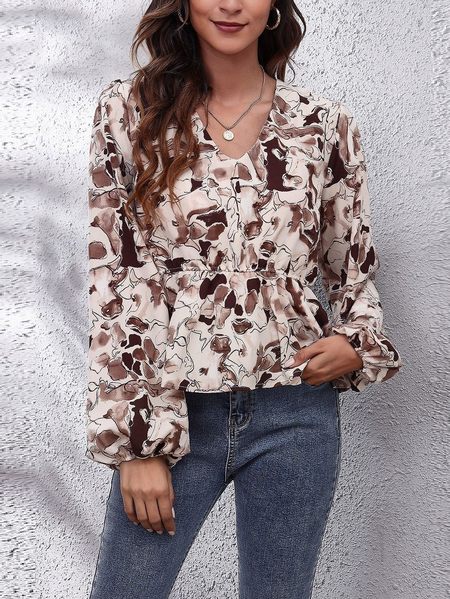 V Neck Elegant Printed Shirts & Tops, Brown, Shirts & Blouses
