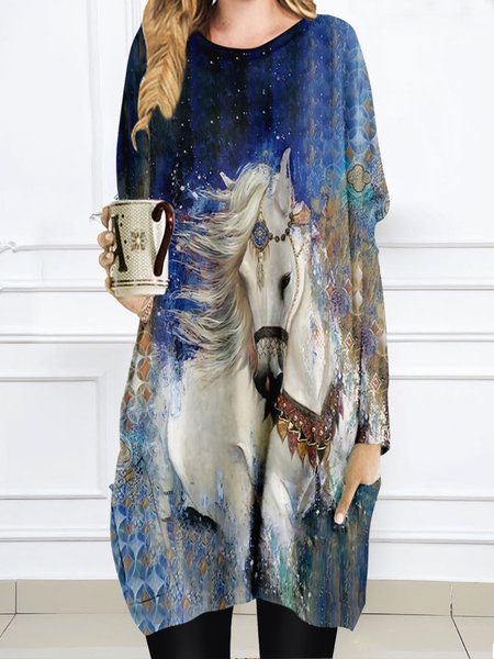 Animal Vacation Crew Neck Dresses, Dark blue, Tie dye dress