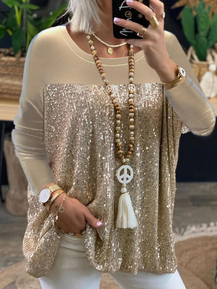 Cotton Blends Crew neck sequined Elegant Loosen Shirts & Tops, Khaki, Tops