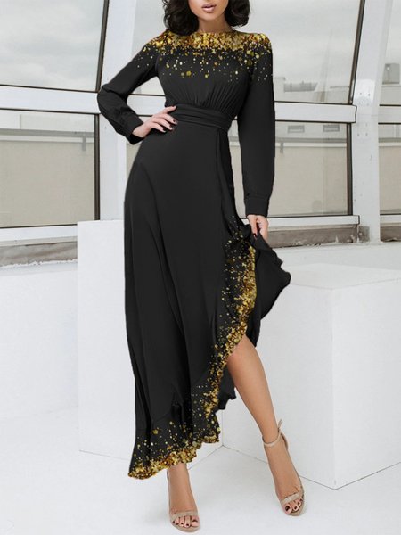 Fashion Sequin Print Ruffle Hem Maxi Dress Women, Black, Maxi Dresses