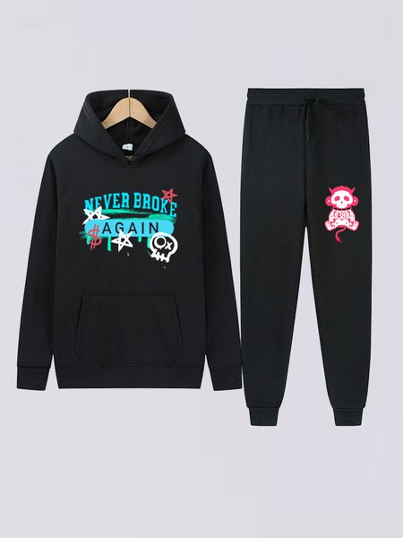 Cotton Fun Animal Graphic Long Sleeve Casual Suit, Black, Two-pieces