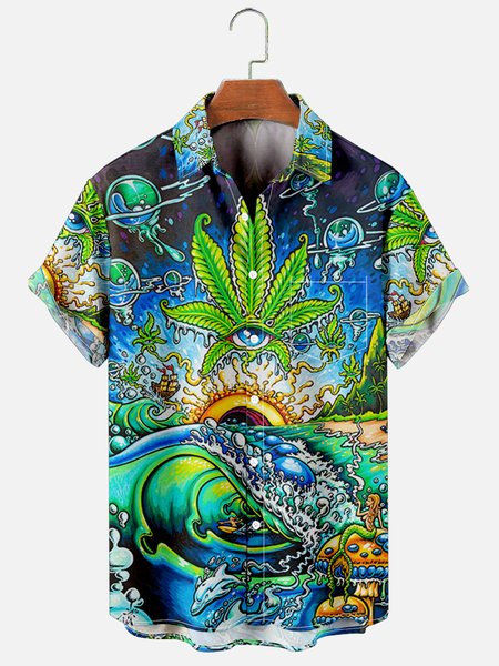 Mens Hippie Cannabis Leaf Print Casual Breathable Chest Pocket Short Sleeve Hawaiian Shirts, Green, Men's Floral shirt