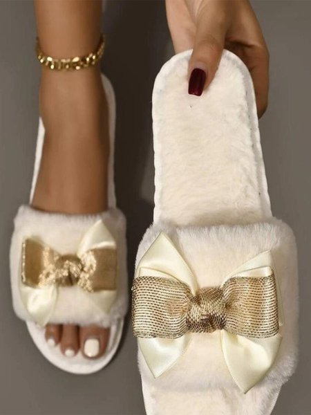 Elegant Simple Bow Plush Slipper, Off white, Women Shoes>>Women's Shoes>>Women Slippers