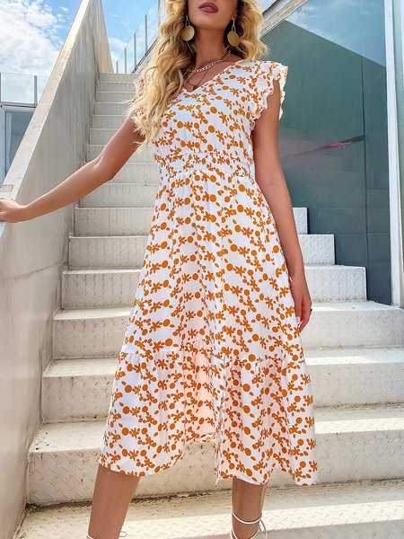 Party V Neck Regular Fit Dresses, Orange, Floral Dresses