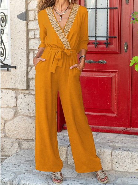 Boho V Neck One-Pieces Jumpsuits, Yellow, Jumpsuits