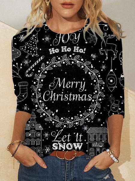 Christmas Crew Neck Shirts & Tops, Black, Long sleeves