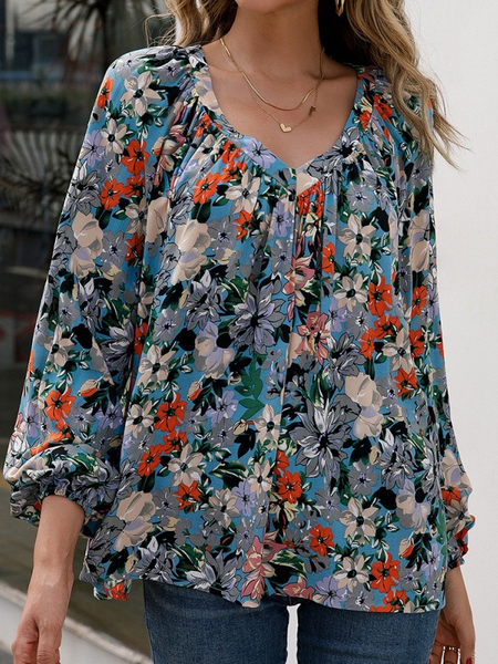 Boho Casual Floral Printed Long-sleeved V-neck Loose Shirt & Tops, Blue, Long sleeve tops
Boho Casual Floral Printed Long-sleeved V-neck Loose Shirt & Tops, Blue, Long sleeve tops