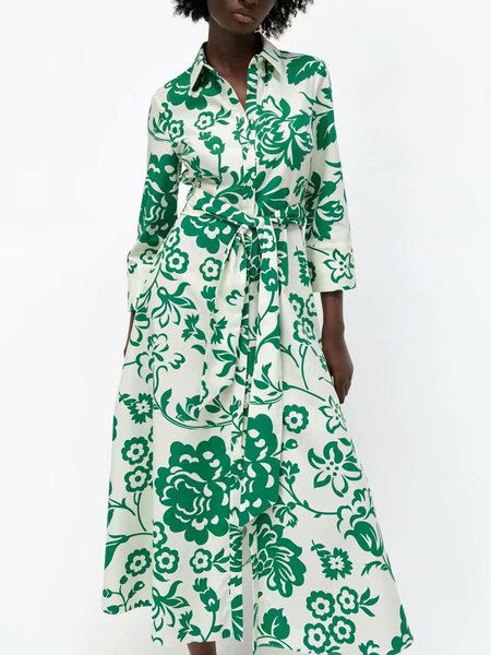 Regular Fit Vacation Shirt Collar Dresses, Green, Floral Dresses