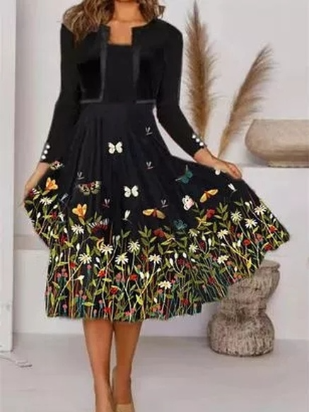 Casual Crew Neck Floral Dresses, Black, Floral Dresses