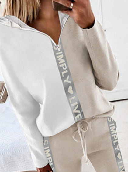 Letter Loosen Zipper Hooded Sweatshirts, Khaki, Sweatshirts & Hoodies