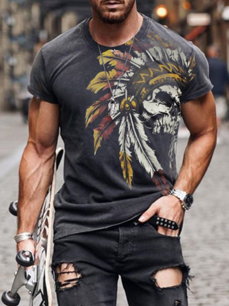 Crew Neck Skull Short Sleeve T-Shirts, Gray, Men's t-shirts
