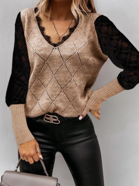 Long Sleeve Daily V Neck Sweater, Khaki, Pullovers