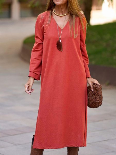 Solid Color Casual Daily Loose V Neck Midi Dresses, Red, Casual Dresses