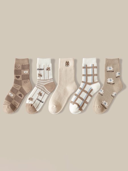 Retro Bear Heart Cotton Warm Socks 5 Piece Set, As picture, Socks
