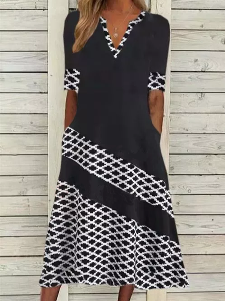 Color Block Regular Fit V Neck Dresses, Black, Maxi Dresses