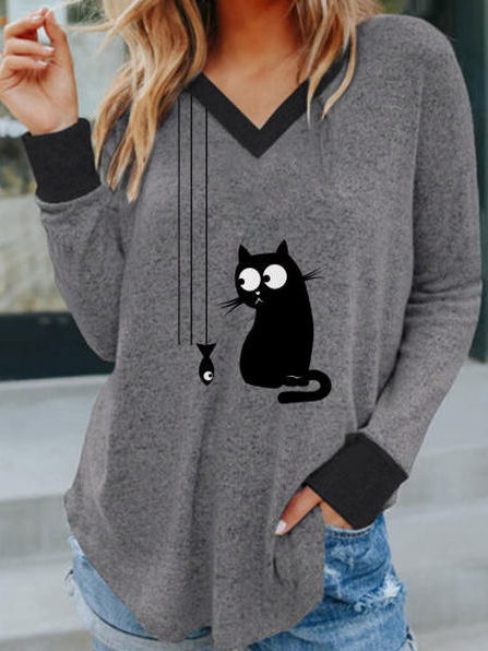 Cat Print Casual Cotton Blends V Neck Shirts & Tops, Deep gray, Tops