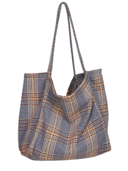 Casual Open-Top Checked/Plaid Shoulder Bag, Blue, Shoulder Bags