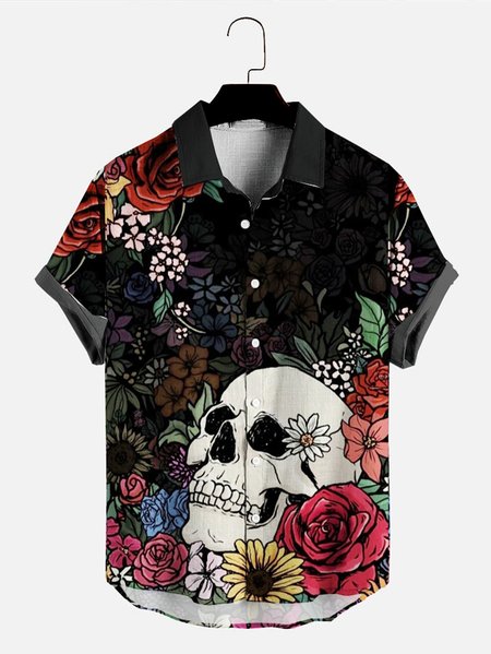 Mens Floral Skull Punk Print Casual Breathable Short Sleeve Hawaiian Shirts, Black, Men's Floral shirt 
Mens Floral Skull Punk Print Casual Breathable Short Sleeve Hawaiian Shirts, Black, Men's Floral shirt