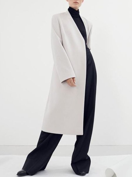 Loosen V Neck Plain Elegant Outerwear, White, Coats