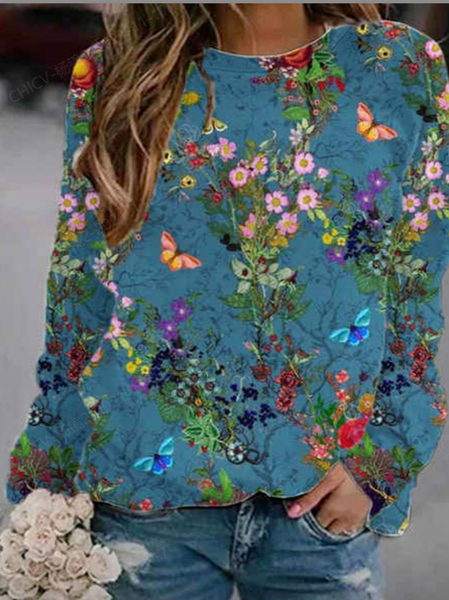 Floral Loosen Crew Neck Casual Sweathshirt, Blue, Long sleeve tops