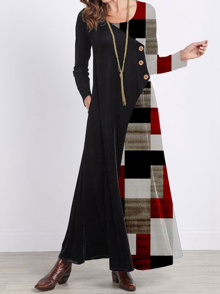 Casual Check Print Round Neck Long Sleeve Maxi Dresses, Black, Casual Dresses